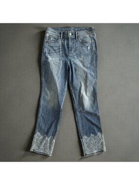 WHITE HOUSE BLACK MARKET WHBM Everyday Soft Lace Print Trim Crop Pant Jeans Sz 4